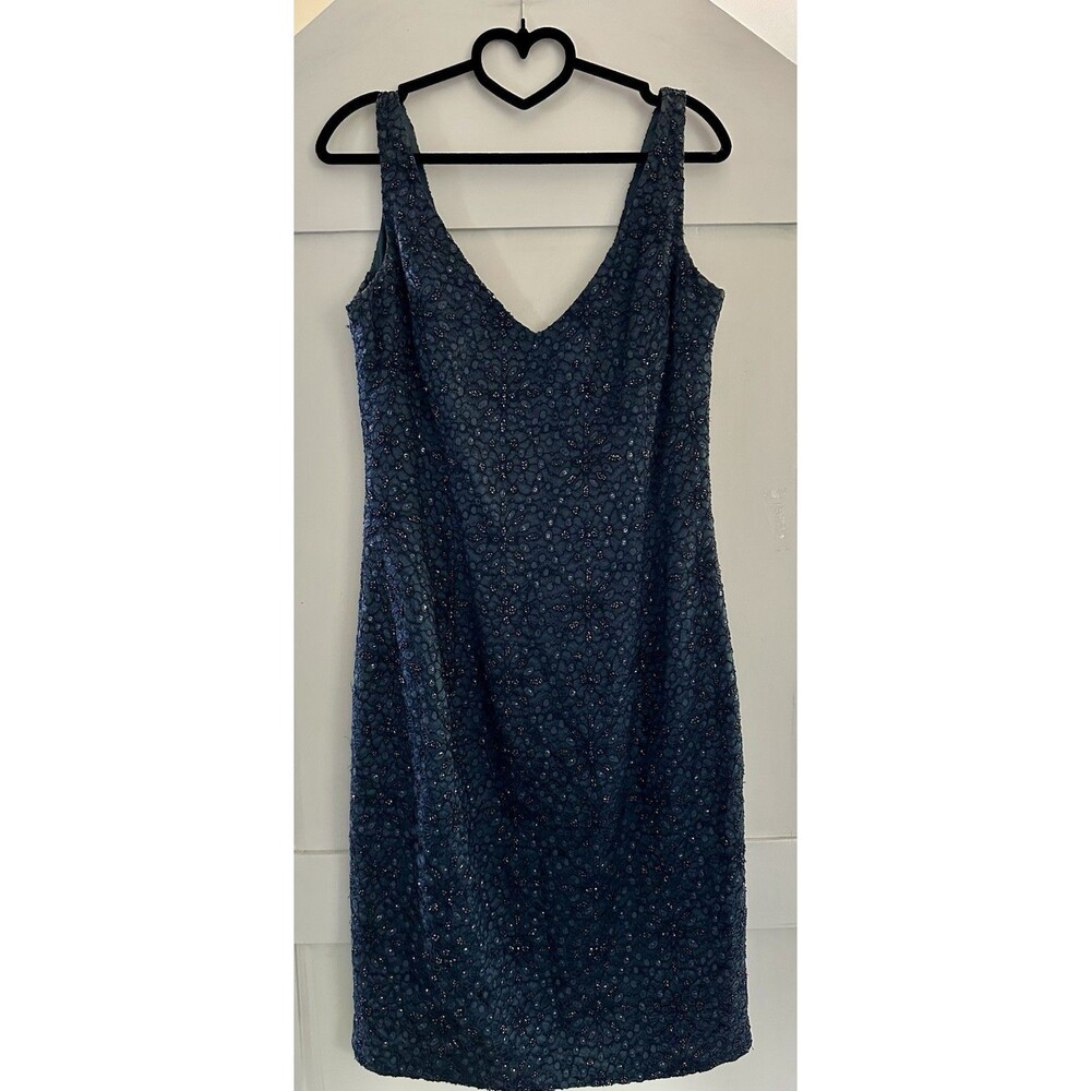 CARMEN MARC VALVO SIGNATURE Blue Beaded Embroidered Midi Cocktail Dress Sz. 10?